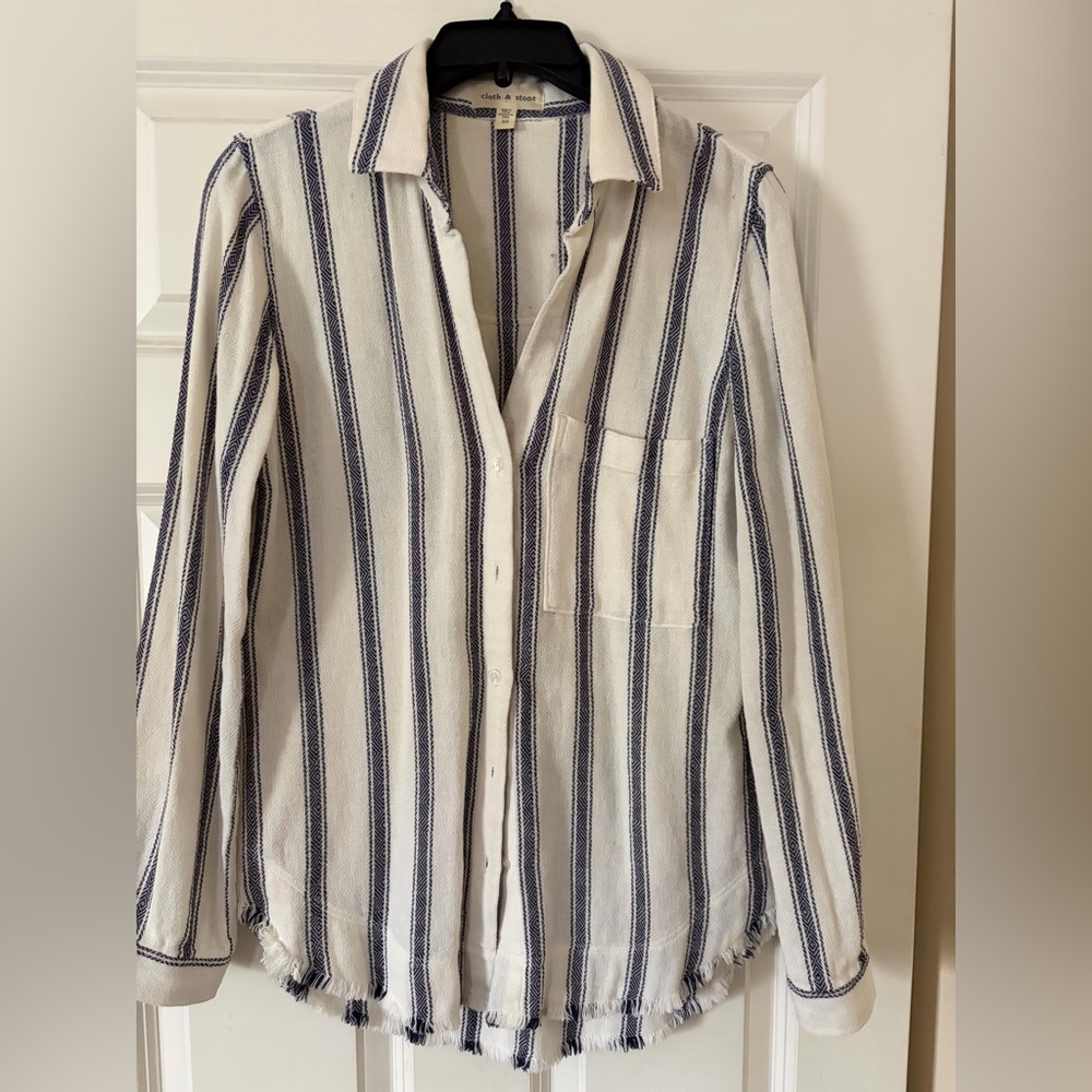 Striped Button-Up Shirt in White + Navy..